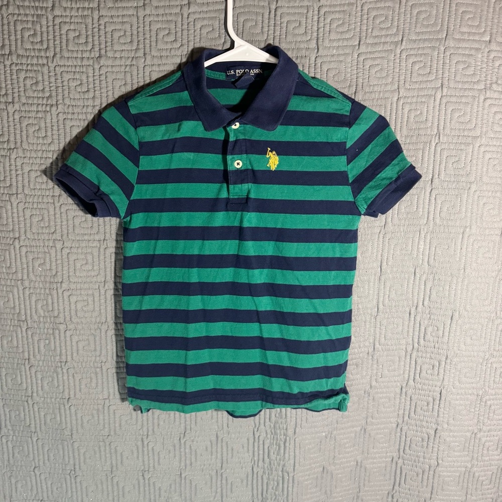 US Polo Assn. Collard Shirt Boys Size Medium 8 Striped Green Blue Short Sleeve